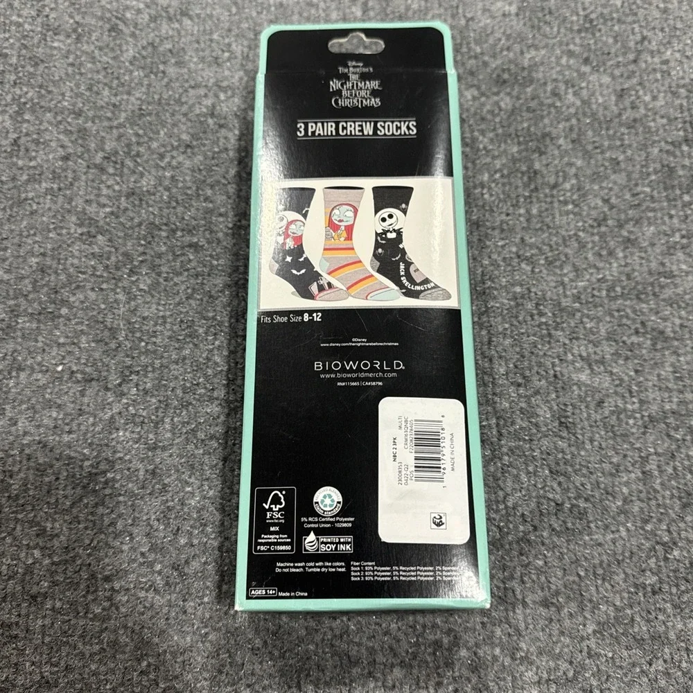The Nightmare Before Christmas 3 pair crew Socks Mens Shoe Size 8 -12 Tim Burton